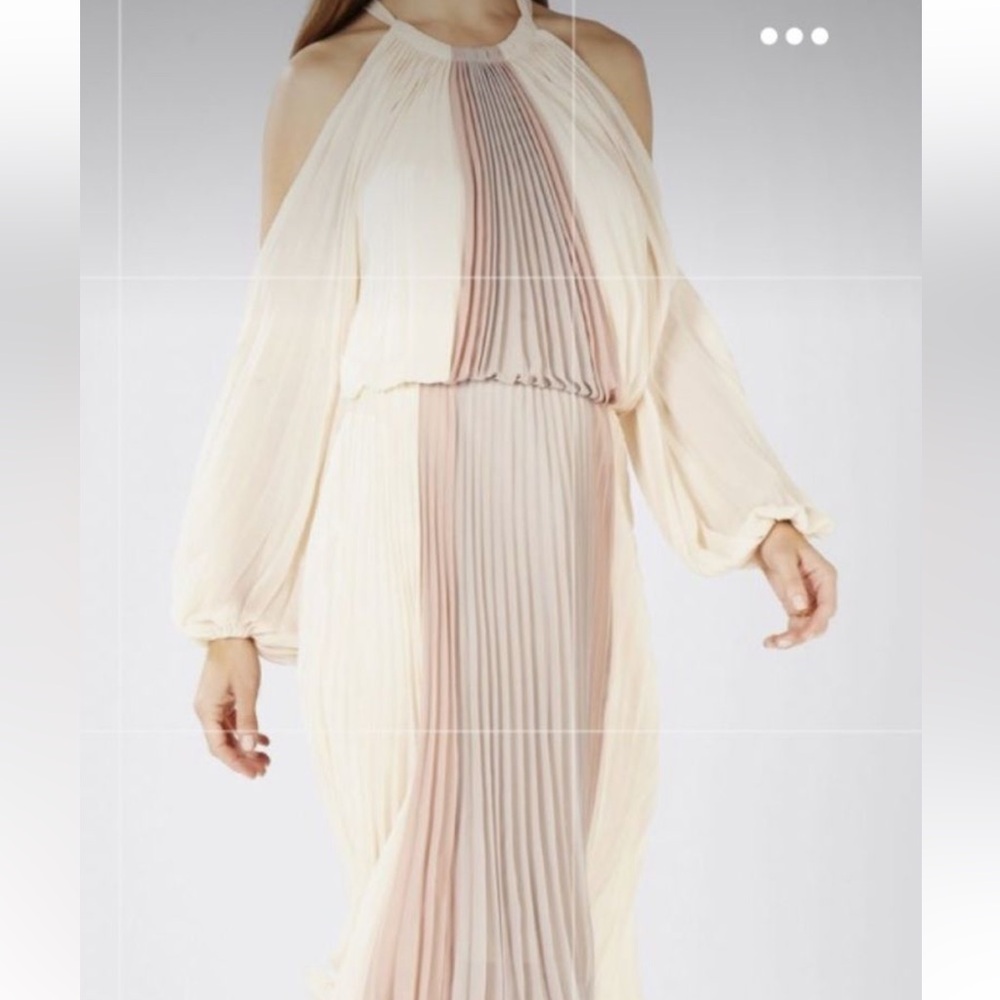 BCBGMaxAzria Cream and Pink Grecian Pleated Midi Dress